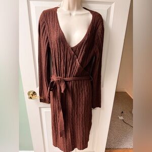 Brown Cable Knit Wrap Dress